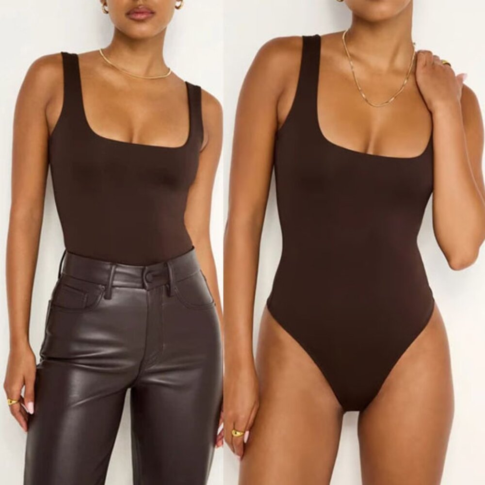 Good American Scuba Modern Square Neck Tank Bodysuit Brown Bark Size 2XL 5 $79
